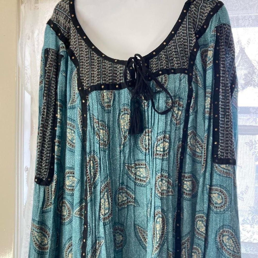Teal paisley studded tie blouse Style & Co 3X